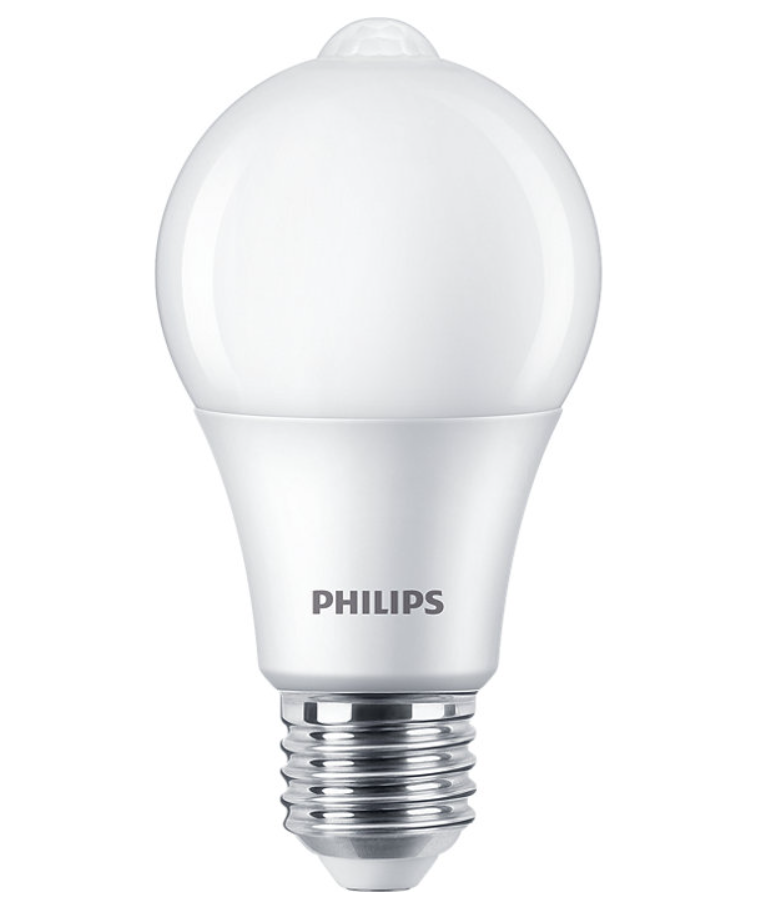 Bec philips led senzor miscare, iluminare alb cald, putere 8w (60w), 806 lm, temperatura 4000 k, 15000 h, e27, forma de para, a+, alb