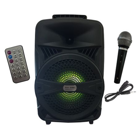Boxa audio portabila , conectivitate prin functia bluetooth , lumini woofer , microfon cu fir , telecomanda inclusa , microfon inclus , difuzor de 8 inch , negru
