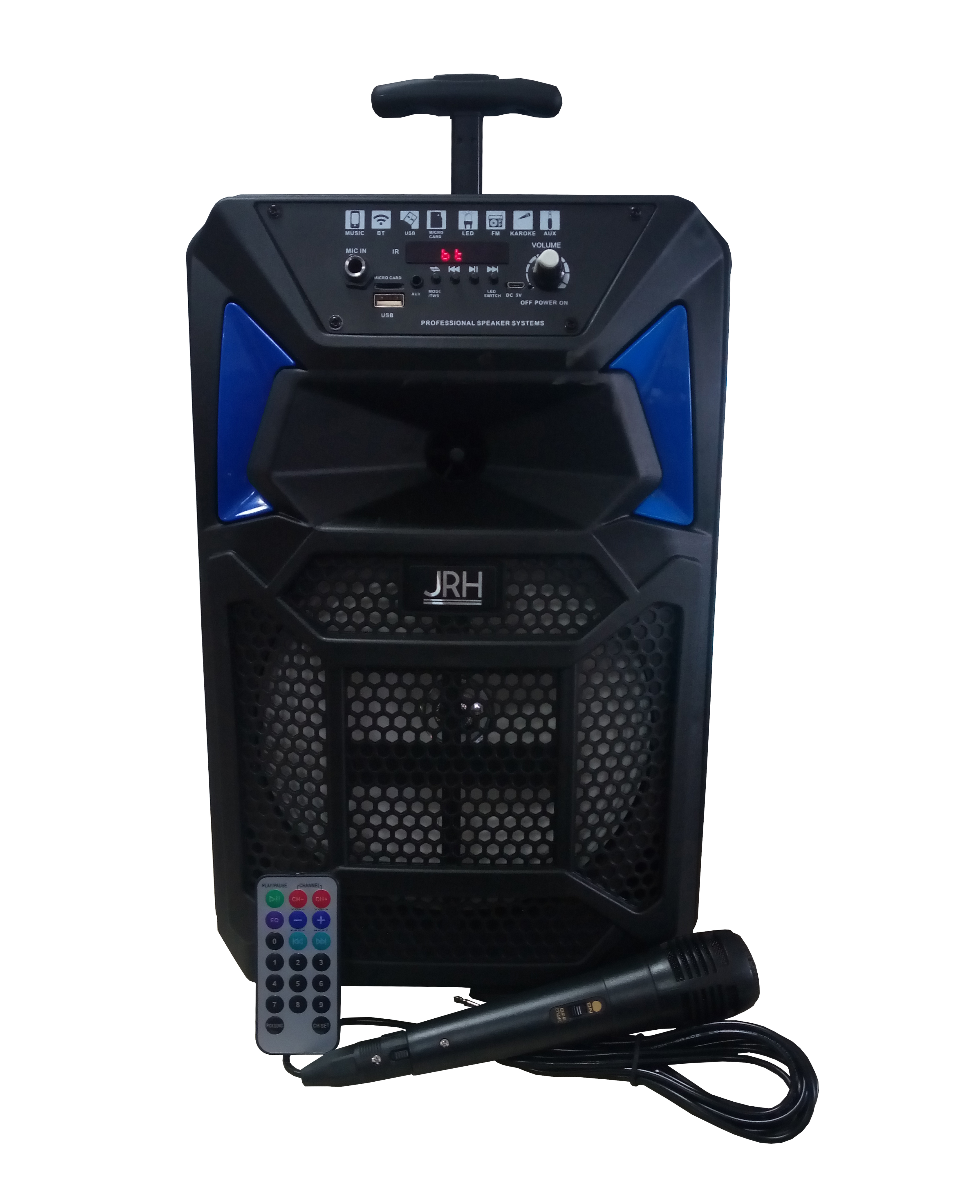 Boxa audio portabila cu troler si maner retractabil , conectare uusb , tf card , conexiune bluetooth , microfon cu fir , telecomanda , joc lumini , design modern