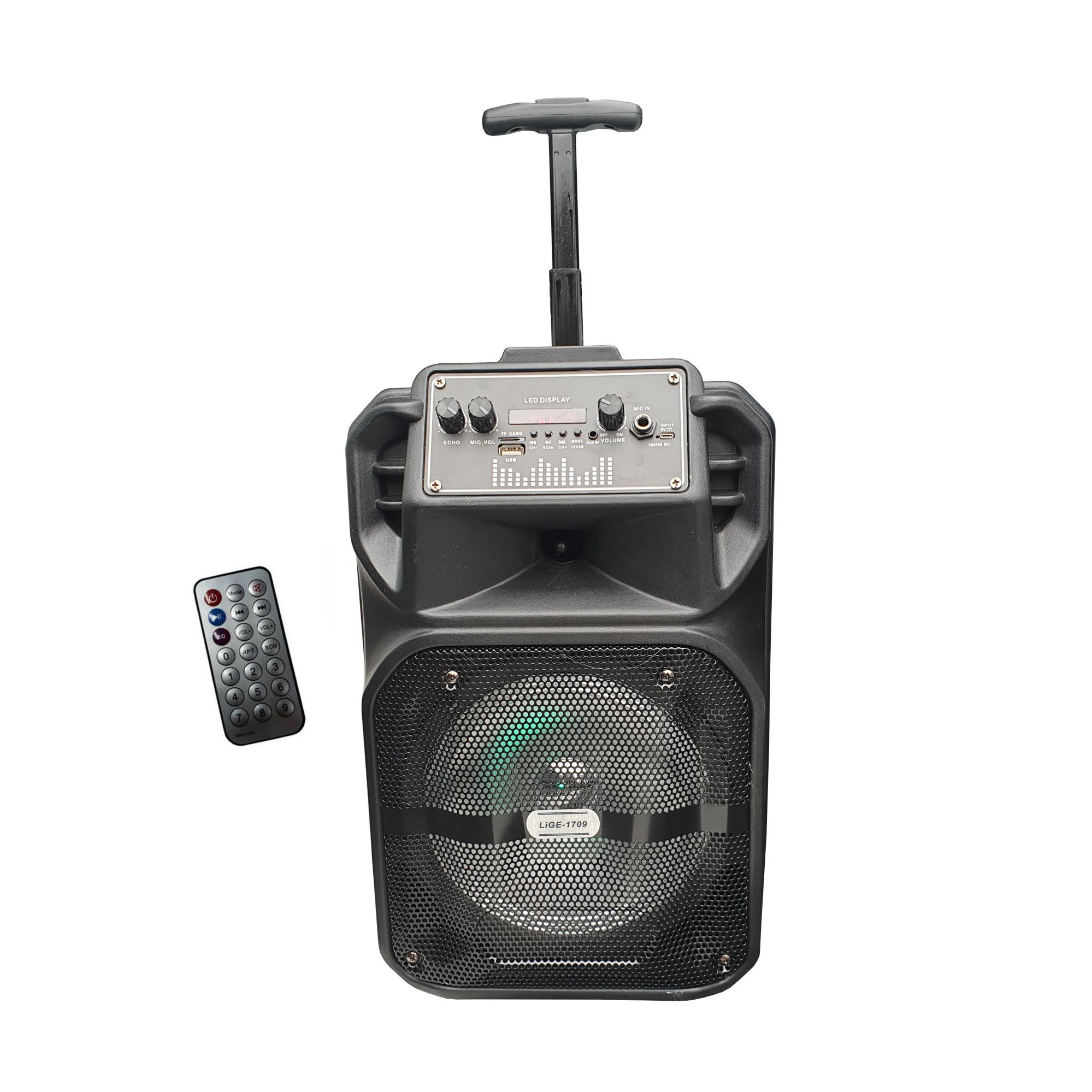 Boxa audio portabila de tip troller lige , conectare prin functia bluetooth , intrare usb , mp3 player , radio fm, telecomanda inclusa , maner transport , negru
