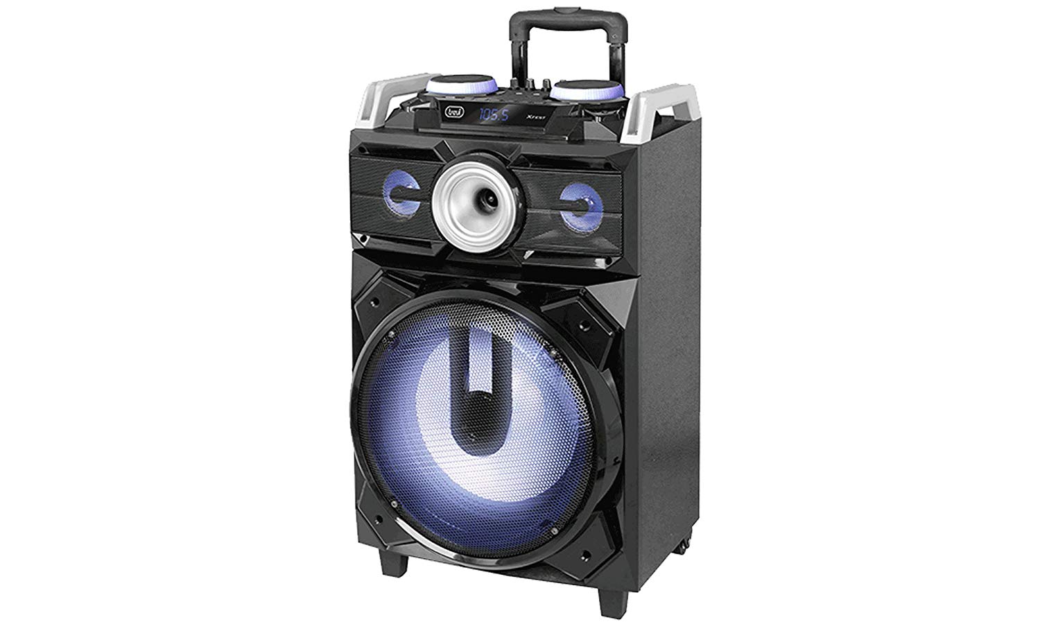 Boxa portabila cu conectivitate bluetooth, functie karaoke, putere 120w , afisaj led albastru , aux in , port usb , radio fm , bass reflex , card microsd , subwoofer dublu , negru