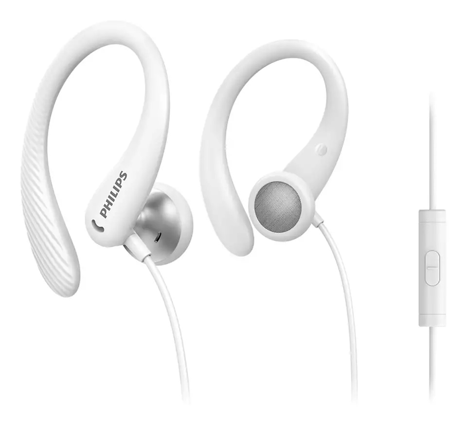 Casti audio sport philips in-ear cu microfon, difuzoare 15 mm, 96 db, 16 ohm, conector 3.5 mm, lungime cablu 1.2 m, finisaj cromat, alb