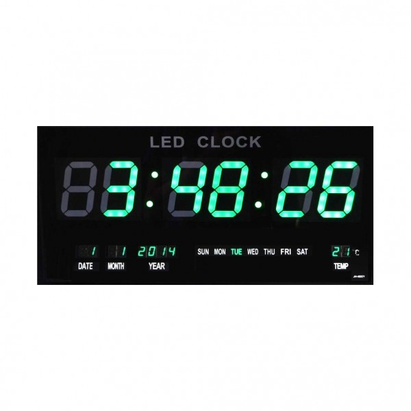 Ceas de perete klausstech, display digital, afiseaza ceasul, temperatura, data, functie de alarma, alimentare prin usb, cifre iluminate verde, negru