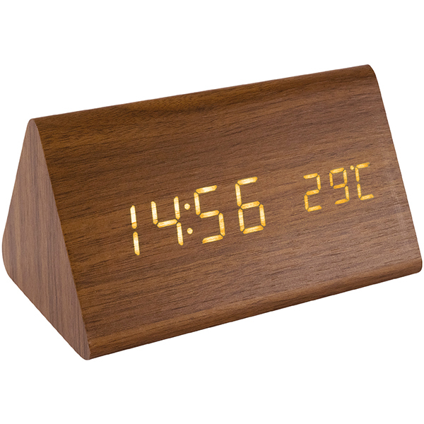 Ceas desteptator cu carcasa din lemn , functie afisaj termometru, ecran led , ecran activ prin aplauze sau atingeri in jurul ceasului