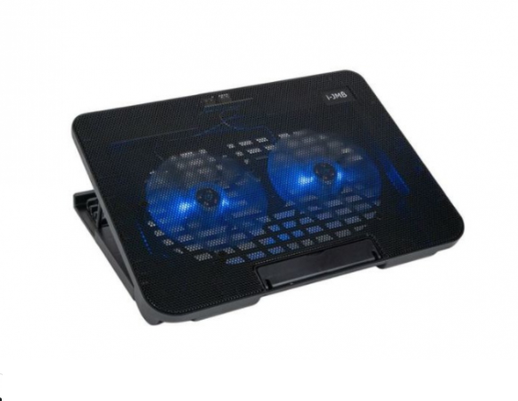 Cooler pentru laptop, klausstech, compatibil cu 17'', 2 ventilatoare, 750-1500 rpm, lumina led albastra, raglabil in 6 unghiuri, anti-alunecare, 2 usb, negru