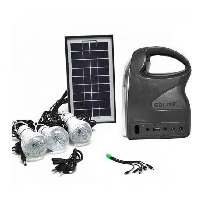 Kit camping panou solar gdlite gd-7, 3 becuri, lanterna inclusa si usb incarcare