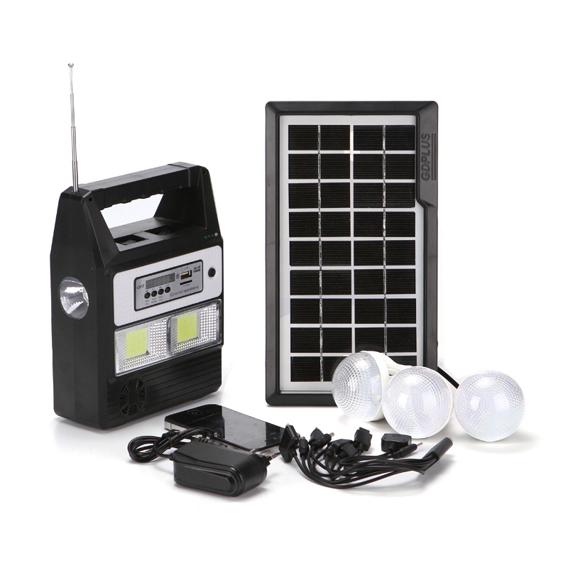 Kit de iluminare solara , acumulator reincarcabil , radio fm , mp3 player , 3 becuri led incluse , telecomanda inclusa