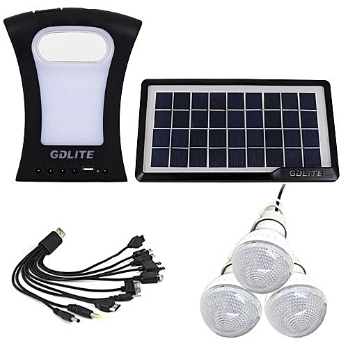 Kit de iluminare solara pentru camping , lanterna portabila, 3 becuri economice led, maner portabil, cablu usb pentru gadget-uri, negru