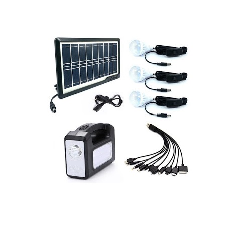 Kit lanterna cu incarcare solara fotovoltaic pentru camping, 3 becuri cu led smd, 10 mufe si incarcator priza, port usb, material abs plastic, 3.5 w, negru