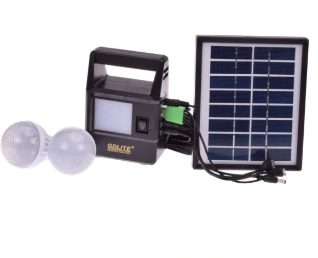 Kit reincarcabil solar, 2 becuri 6v, buton de pornire/oprire, alimentare 110-240v, 50/60hz, iesire usb, incarcare in 13 ore, compact , culoare negru