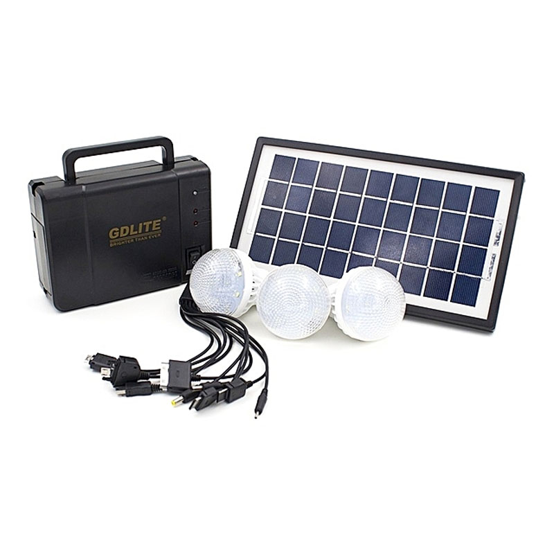 Klausstech Kit solar de proiectare lumina, portabil, acumulator reincarcabil, 3 becuri, buton pornire/oprire, port usb 6v, alimentare 110-240v, 50/60hz, negru