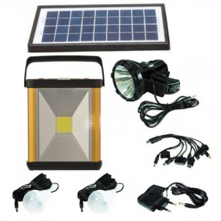 Kit solar gdlite lanterna led, frontala, 2 becuri led smd puternice , 6v4ah , intrare alimentator 110-220v , intrare usb , negru