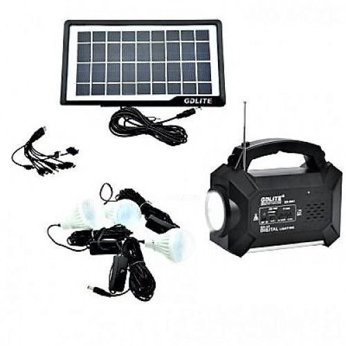 Kit solar gdlite pentru camping , radio fm , incarcare solara , port usb, card sd , 3 becuri puternice , intrare alimentator 110-220v