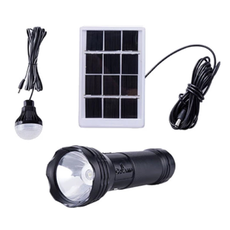 Kit solar pentru camping cu lanterna led, putere iluminare 3 w, led smd, utilizare cu baterie din fosfat de fier de litiu, autonomie 6 ore, incarcare 13 ore, culoare negru