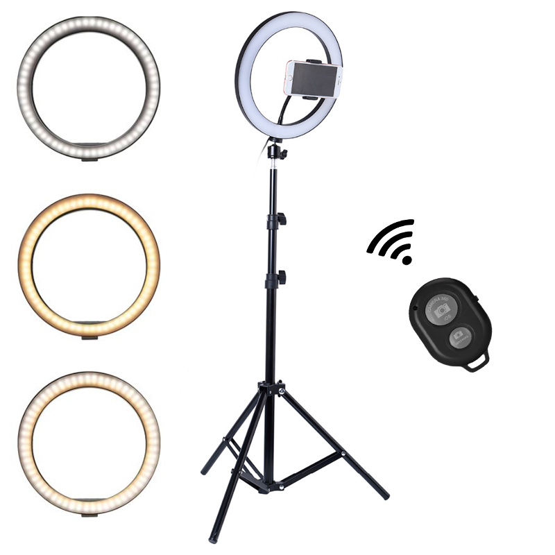 Selling Depot Lampa circulara ring light led make-up 35cm/14inch , 3 moduri de lumina , 10 trepte reglaj , suport telefon , telecomanda selfie , trepied 210cm inclus