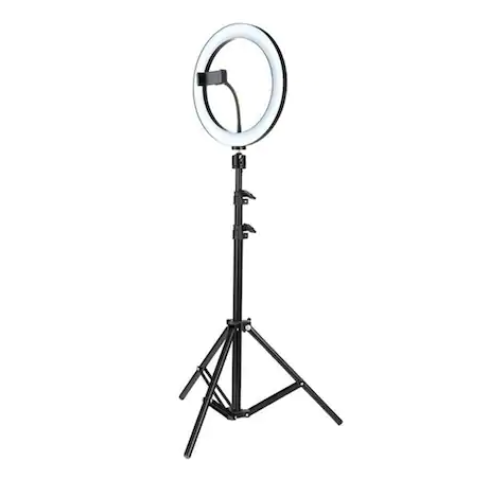 Lampa make up circulara profesionala klausstech, diametru de 8 inch / 20 cm, 5 w, lumina calda/rece, suport de telefon, trepied reglabil, 3600 lm, alb