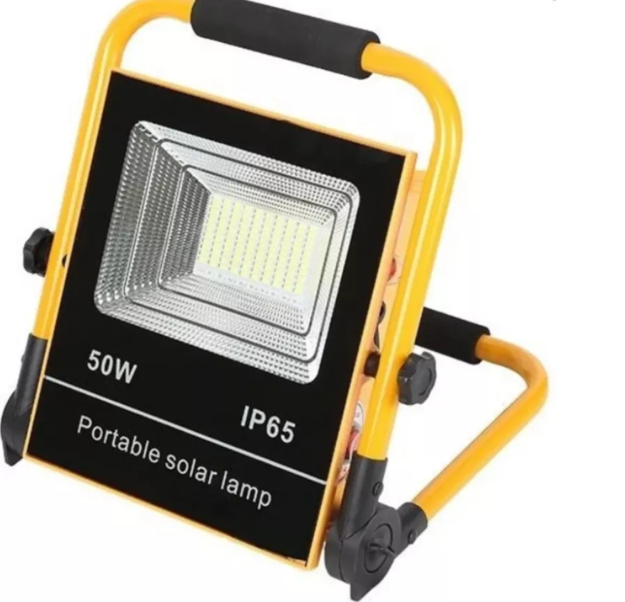 Lampa solara de exterior portabila, 50w, protectie ip66, incarcare solara sau de la retea, iluminare led, baterie 1300mah, galben/negru