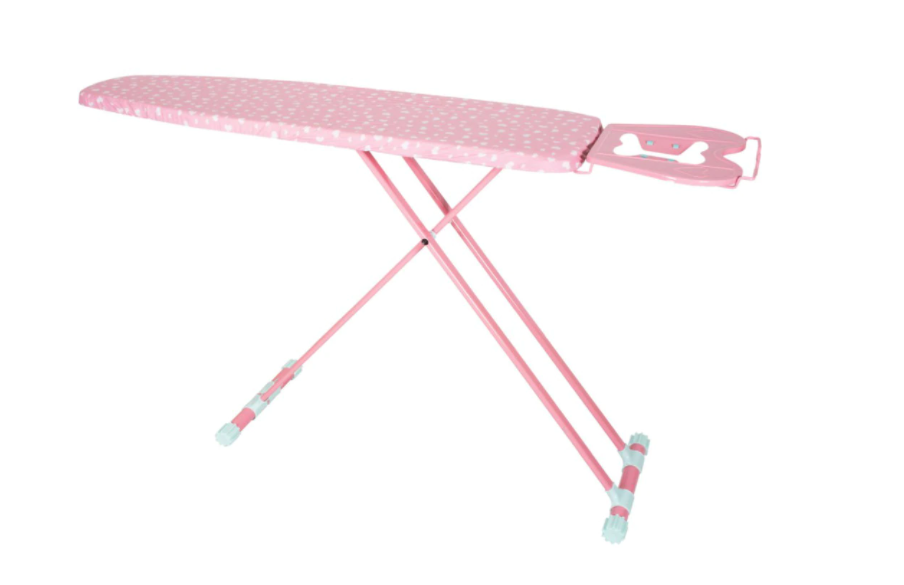 Masa de calcat cu husa imprimeu, suport fier de calcat, cadru metalic, priza pentru fier, blat din tabla, reglare inaltime, roz