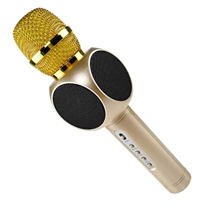 Microfon klausstech cu tehnologie bluetooth pentru karaoke, utilizare wireless, butoane de reglare echo/volum/asociere/reverberare,difuzor dublu, gold