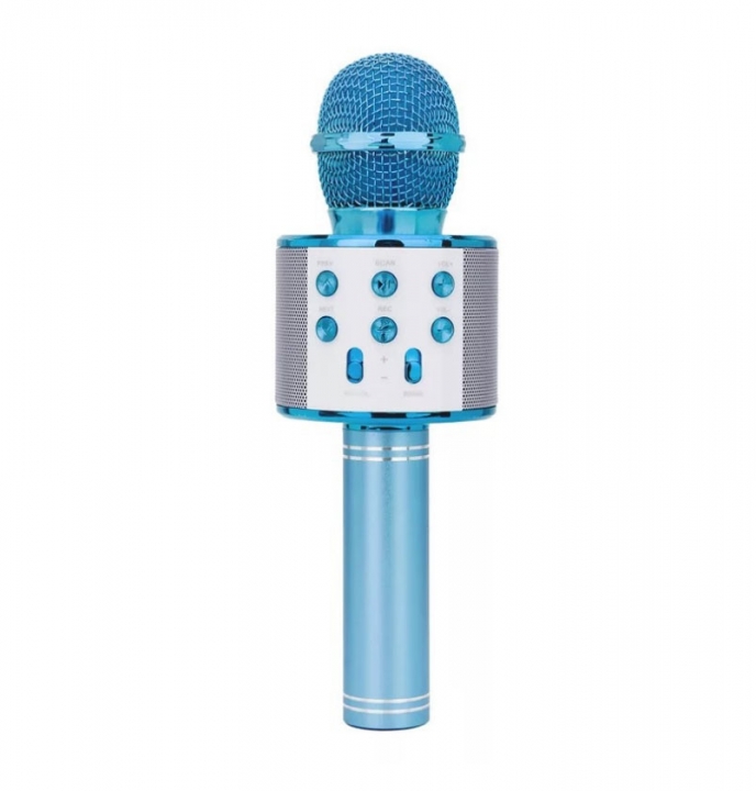 Microfon wireless cu boxa incorporata , conectare usb , tf card , aux iesire casti , culoare albastru