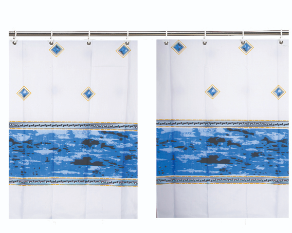 Perdea de baie, panzata, 2 piese, 2 x (120 x 180) cm, imprimeu, design modern, usor de instalat, alb/albastru