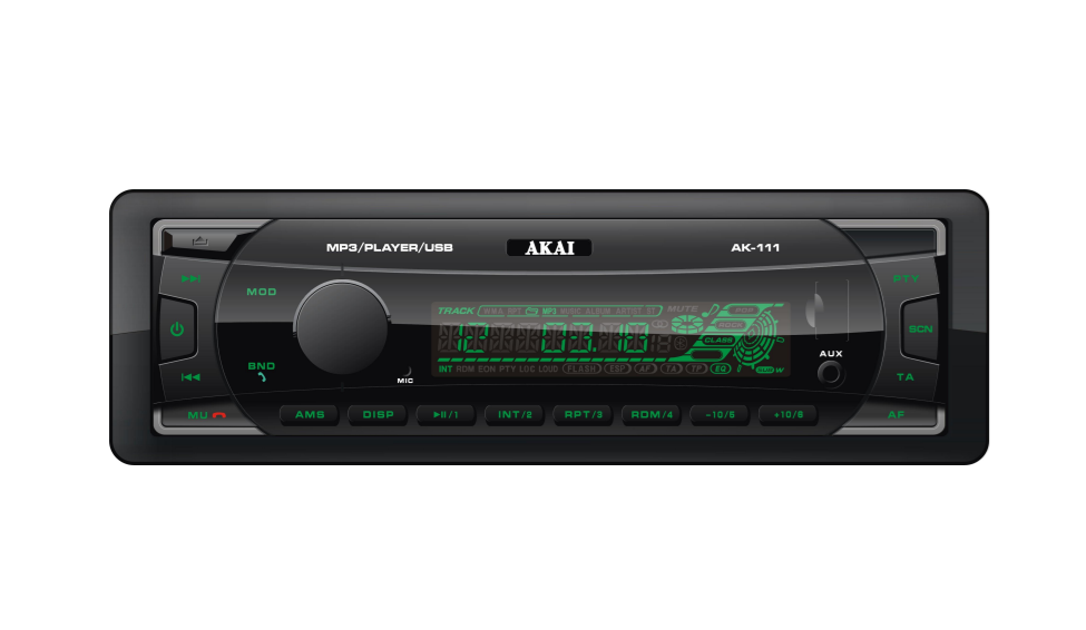 Akai Player auto mp3 4 x 45w, ecran lcd, intrare aux, bluetooth, port usb, iluminare taste verde, modern, negru
