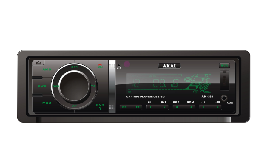 Akai Player mp3 auto 4 x 35w, fm radio, lcd display, card sd, bluetooth, lumina verde, modern, aux, negru