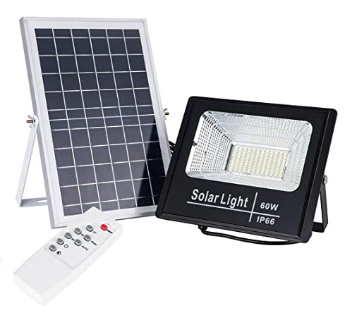 Proiector solar led klausstech, 60 w, telecomanda inclusa, flux luminos 6000 lm, temperatura culoare 6500 k, protectie ip 66, 3 moduri de instalare, design modern, negru
