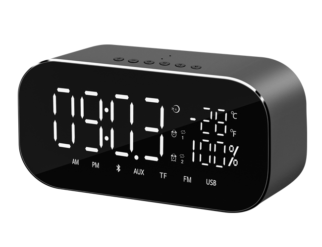 Radio cu ceas, bluetooth 4.2, putere 6w, radio fm, aux, alarma, carcasa din aluminiu, baterie 1800 mah, afisarea volumului/temperaturii/timpului, negru