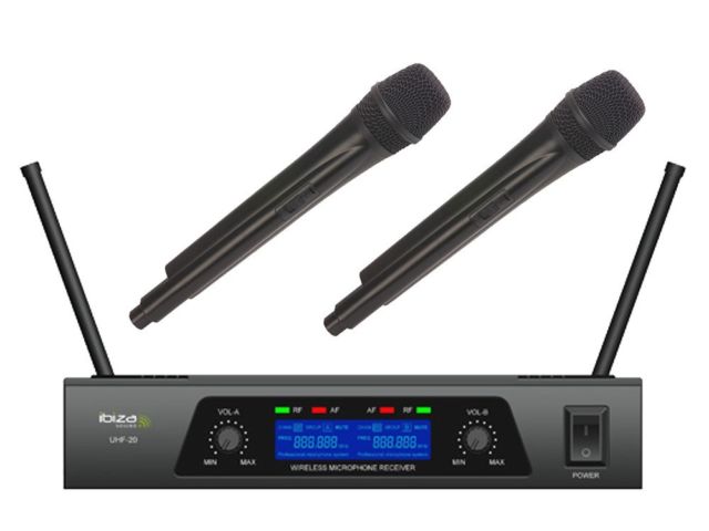 Set 2 microfoane ibiza wireless cu receiver cu 2 antene , afisaj lcd , reglaj volum
