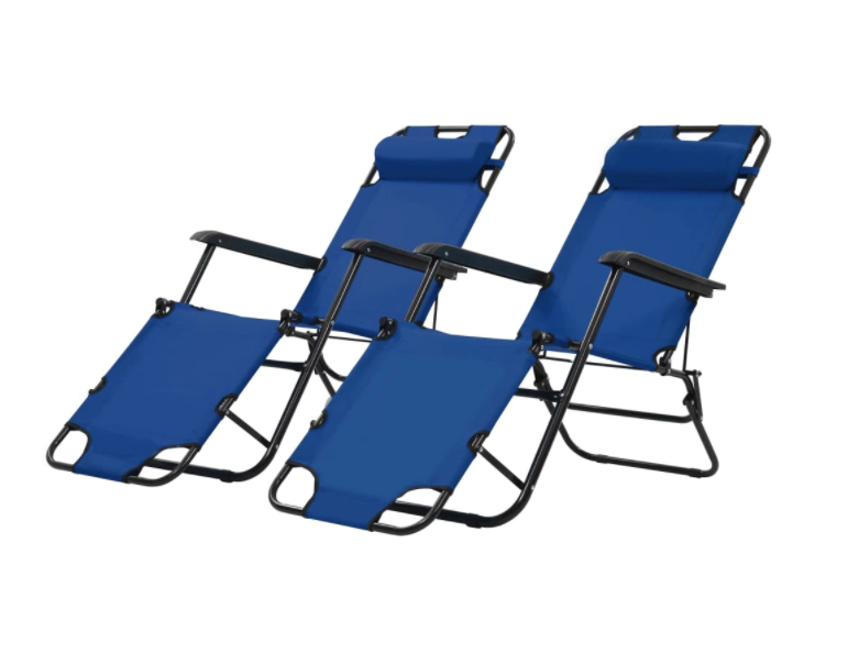 Set 2 sezlonguri pliabile, 175 x 61 x 87 cm, suport de picioare, design modern, rezistent, tesatura din poliester, culoare albastru