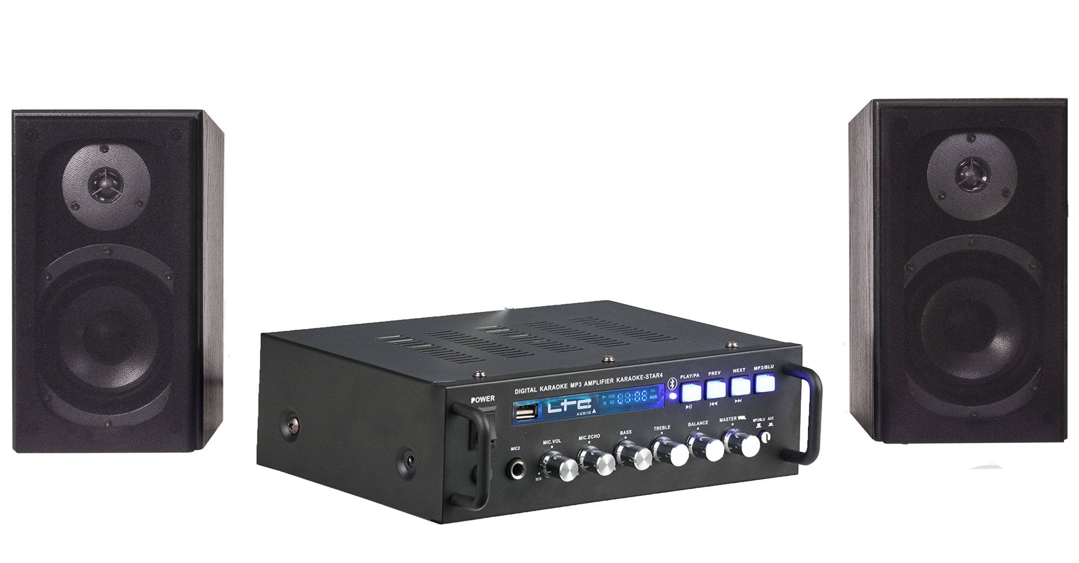 Set Audio Ltc Karaoke All In One Cu Amplificator Afisaj Digital , Incluse 2 Microfoane Cu Fir , Conexiune Prin Bluetooth , Putere 150 W , Cititor Usb , 2 Intrari Microfon , Negru
