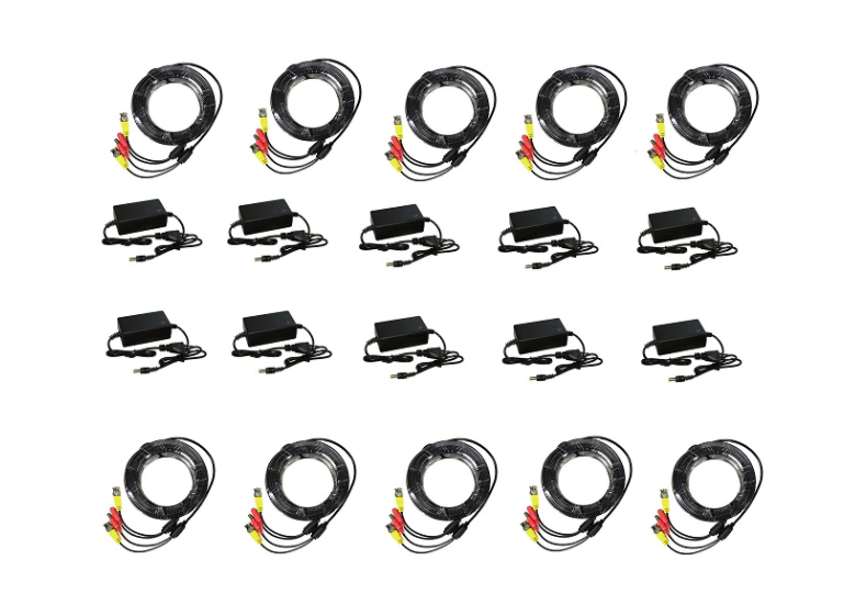 Set de 10 kit-uri cu accesorii pentru sistemul de supravegheat, pentru 10 camere, alimentator 12v 2a, 10 cabluri de mufat plug&play de 10m, negru