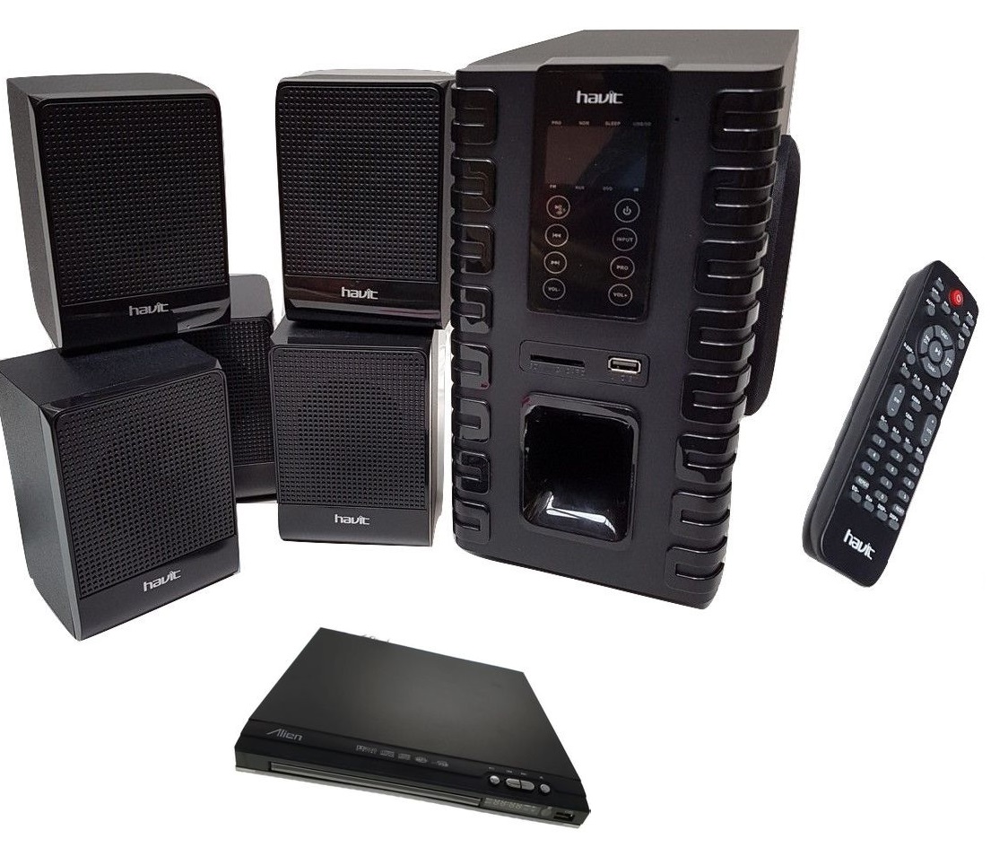 Sistem de 6 boxe audio havit 5.1 + dvd player , putere rms 60 w , impedanta 4 ohmi , cititor de carduri sd si interfata usb , telecomanda inclusa