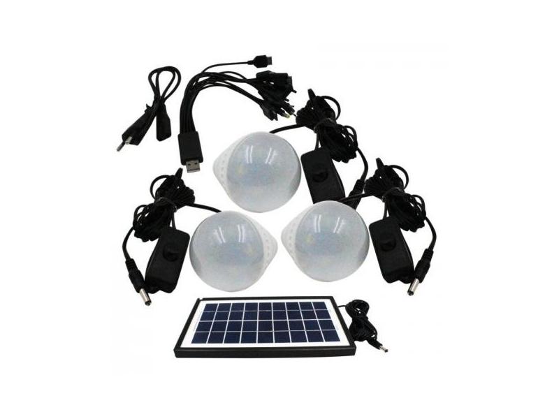 Sistem iluminare led cu incarcare solara, 3 becuri led si lampa portabila , port usb , ac 220-240v 50-60hz , negru