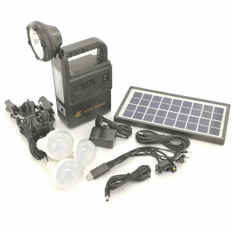 Sistem solar portabil gdlite, port usb, lanterna 2 x cob, 3 becuri puternice incluse, frecventa 110-240v, 50/60hz, baterie reincarcabila, 9v/3.5w-7w, negru