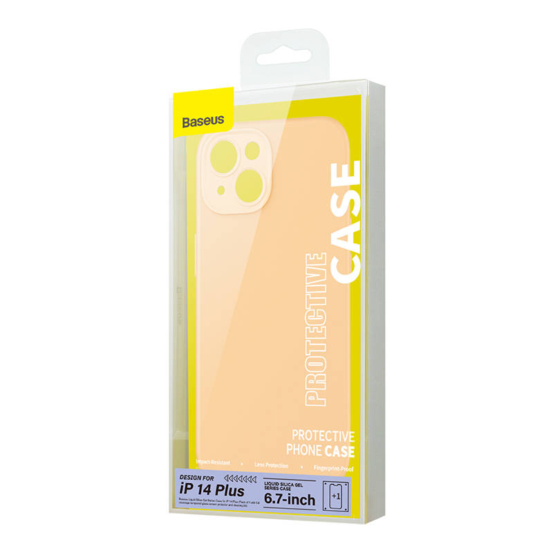 Baseus Yellow Silicone Case for iPhone 14+ with Glass & Cleaning Kit.