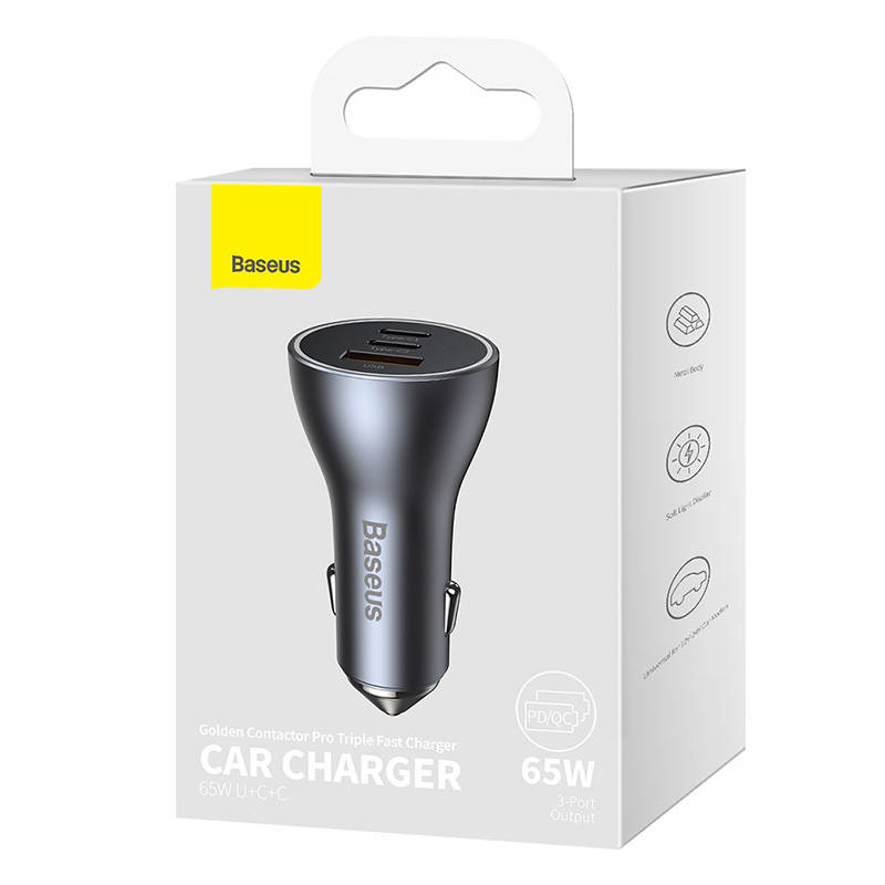 Car Charger Baseus Golden Contactor Pro, 2x Usb-c, 1x Usb, 65w (grey)