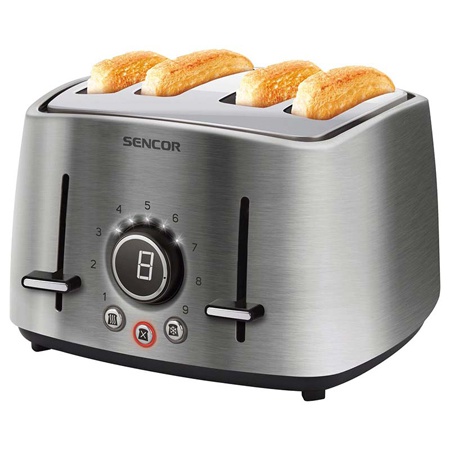 Toaster cu putere 1600 w, prajeste 4 felii simultan, 2 accesorii pentru incalzit chifle sau croissante, dezgheata si reincalzeste painea, gri