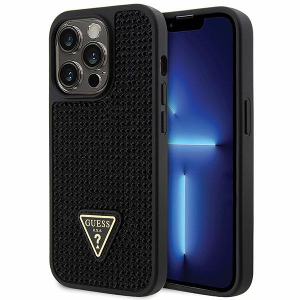 Husa protectie telefon iphone 14 pro cu design triunghi, marca guess, negru cu strasuri.