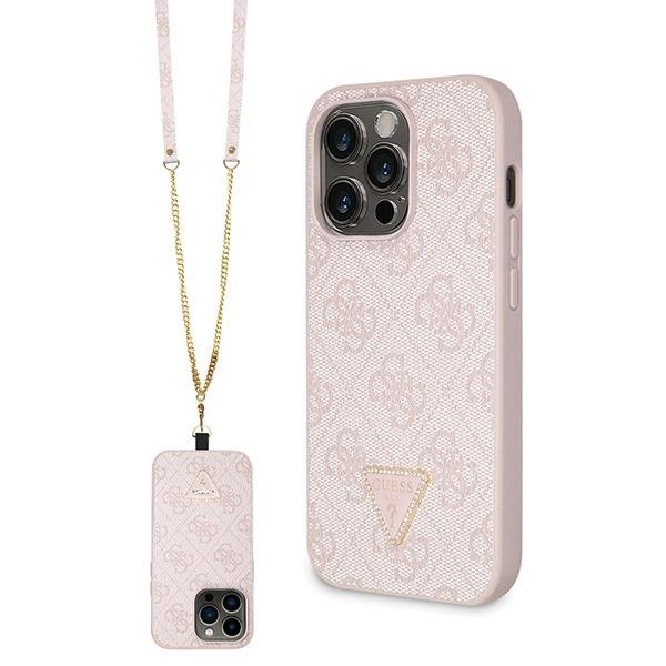 Husa guess pentru iphone 14 pro, roz, piele pu, logo metalic, cu strasuri.
