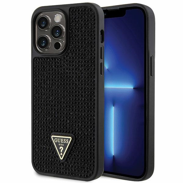 Husa gucci pentru iphone 14 pro max, cu model triunghiular de pietre stralucitoare si finisaj negru lucios.