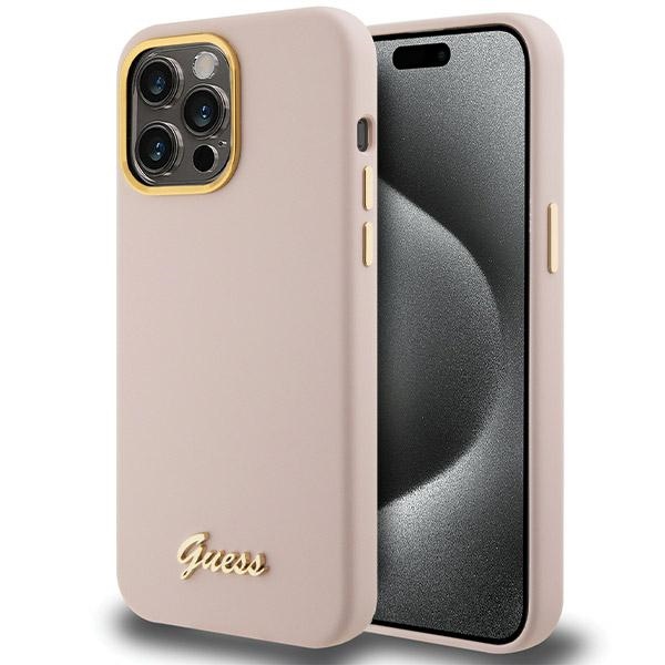 Husa iphone 15 pro guess silicon roz cu logo metalic