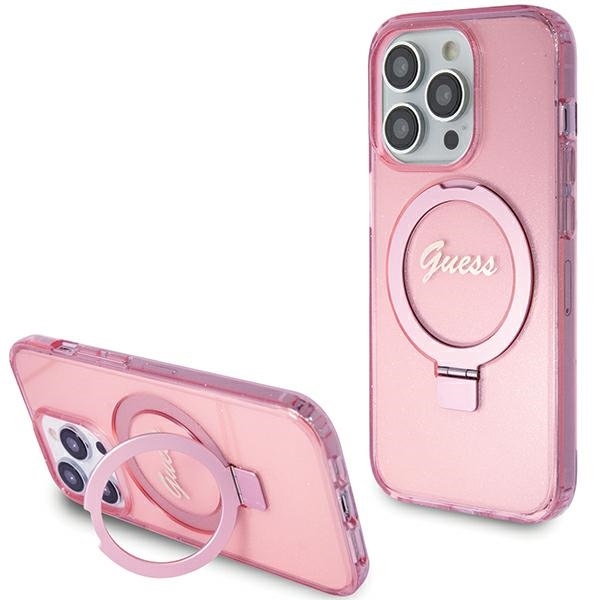 Husa iphone 15 profesional pink glitter cu stand si logo