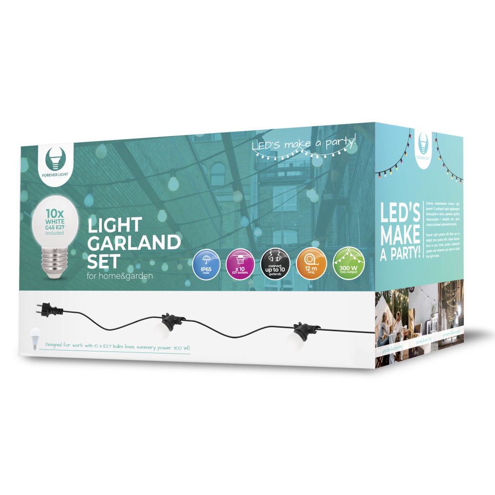 Light garland profesional 12m +10 bulbs g45 2w white ip65
